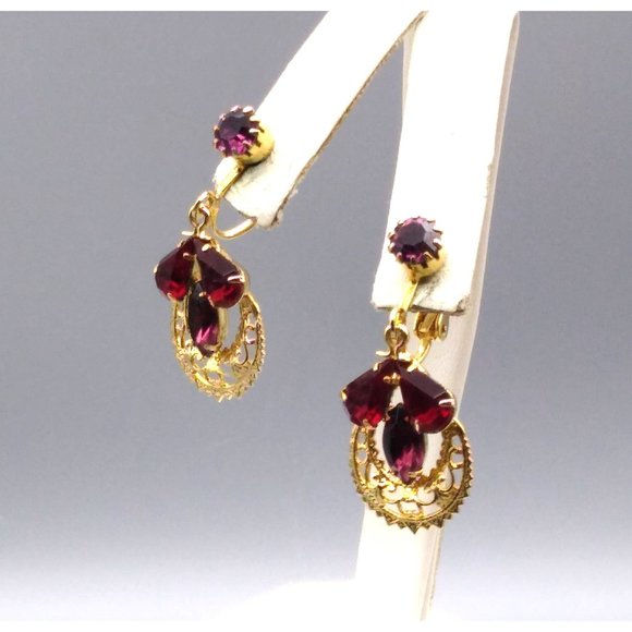 Vintage Filigree Dangle Earrings with Deep Red and Purple Teardrop Crystals - Picture 3 of 4